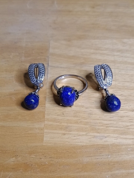 STS Jewelry - Silver Toned Blue Lapis Lazuli Ring and Drop Earrings Set
